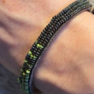 Chan Luu Black and Green beaded leather bracelet, tie closure